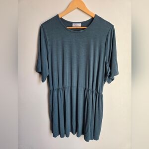 LOST IN LAYERS Teal Short Sleeve Gathered Waist Bamboo Mini Dress